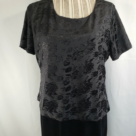 Kathie Lee 2 Piece Look Black Floral Flocked Top Short Sleeve Dress Size Large - Picture 2 of 9